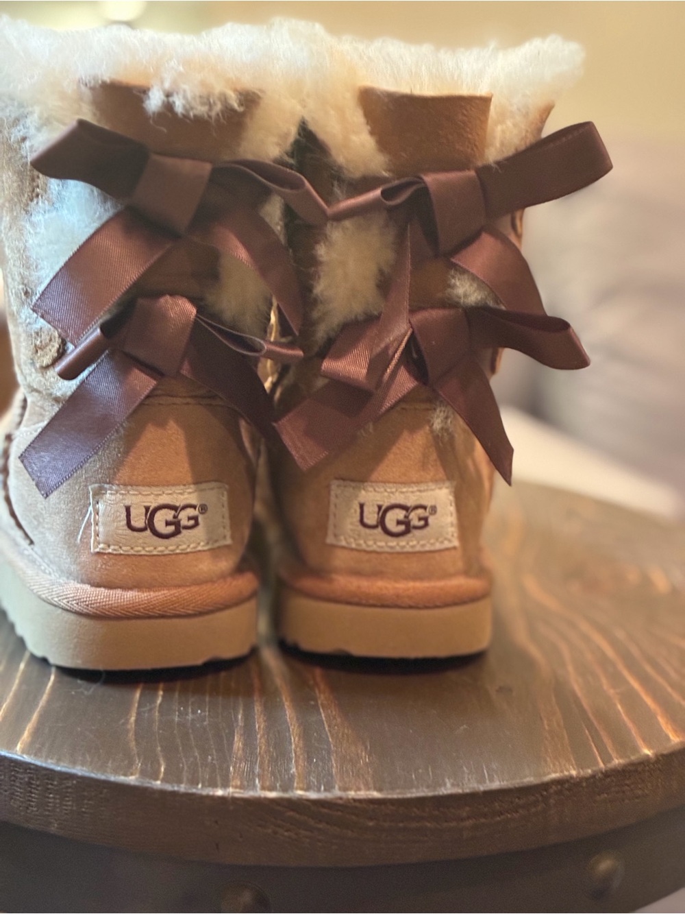 UGG Kids Chestnut Shearling Boots with Brown Ribbon Bows